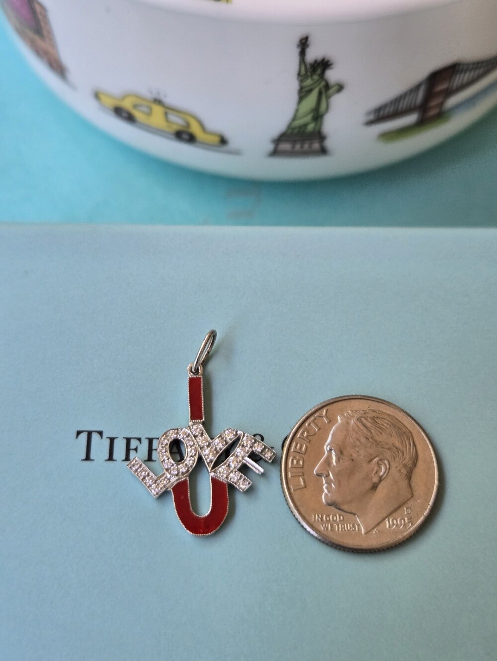Tiffany & Co Pendant I Love U Diamomds, Red Emamel and Platinum